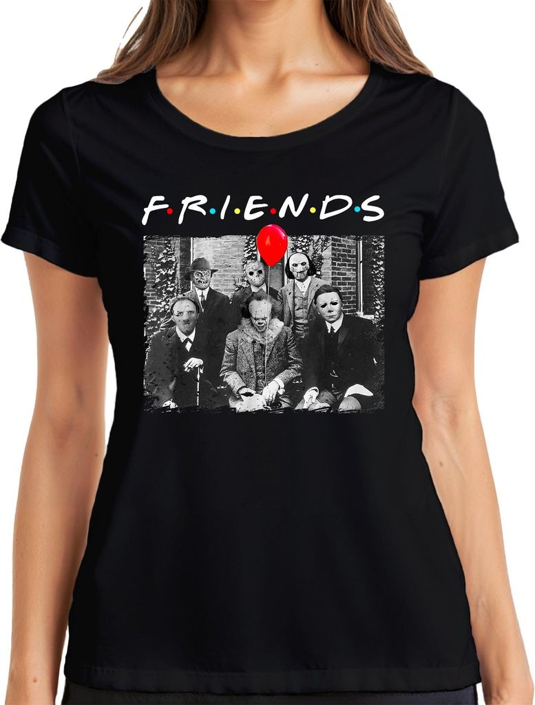 Horror Freunde Parodie Halloween Masken Pennywise Jason Michael Damen T-Shirt, Schwarz, XL