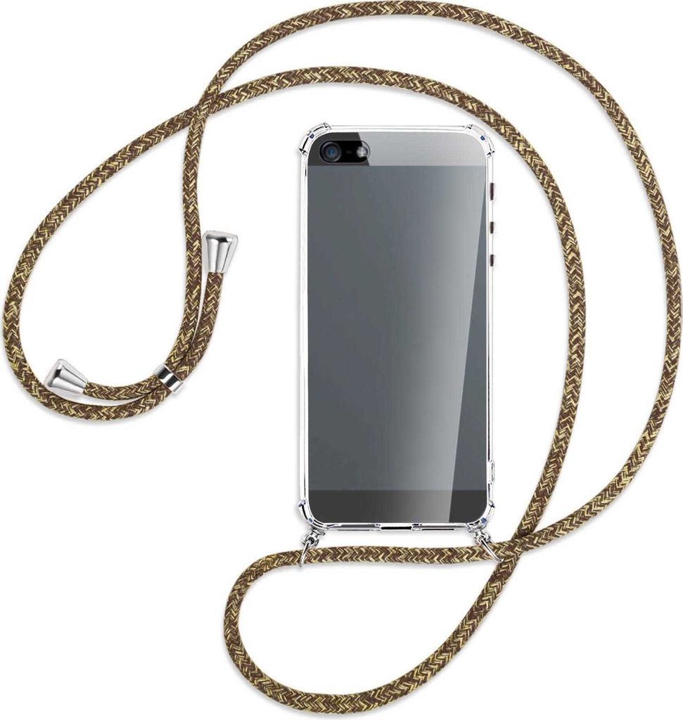 Handykette Backcover-Schutzhülle mit Band (Metall silberfarben) für Apple iPhone 5, 5S, SE - braun+beige