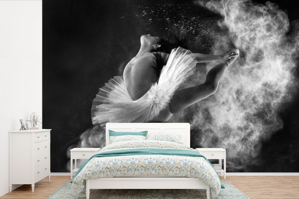 MuchoWow Fototapete für Wohnzimmer oder Schlafzimmer Wandtapete Vinyl Motivtapete Tanz - Ballerina - Ausdruck - Schwarz und weiß - 360x240 cm -...