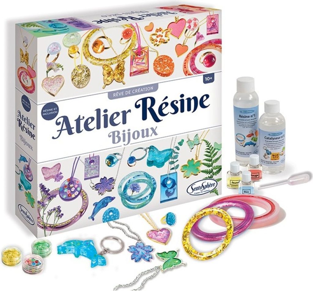 A product shot of a jewelry making kit with various components and the packaging box.