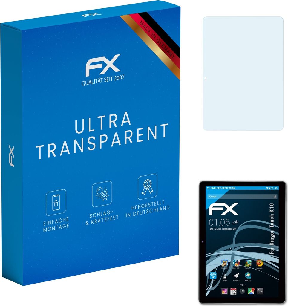 atFoliX FX-Clear 2x Schutzfolie kompatibel mit Dragon Touch K10 Displayschutzfolie