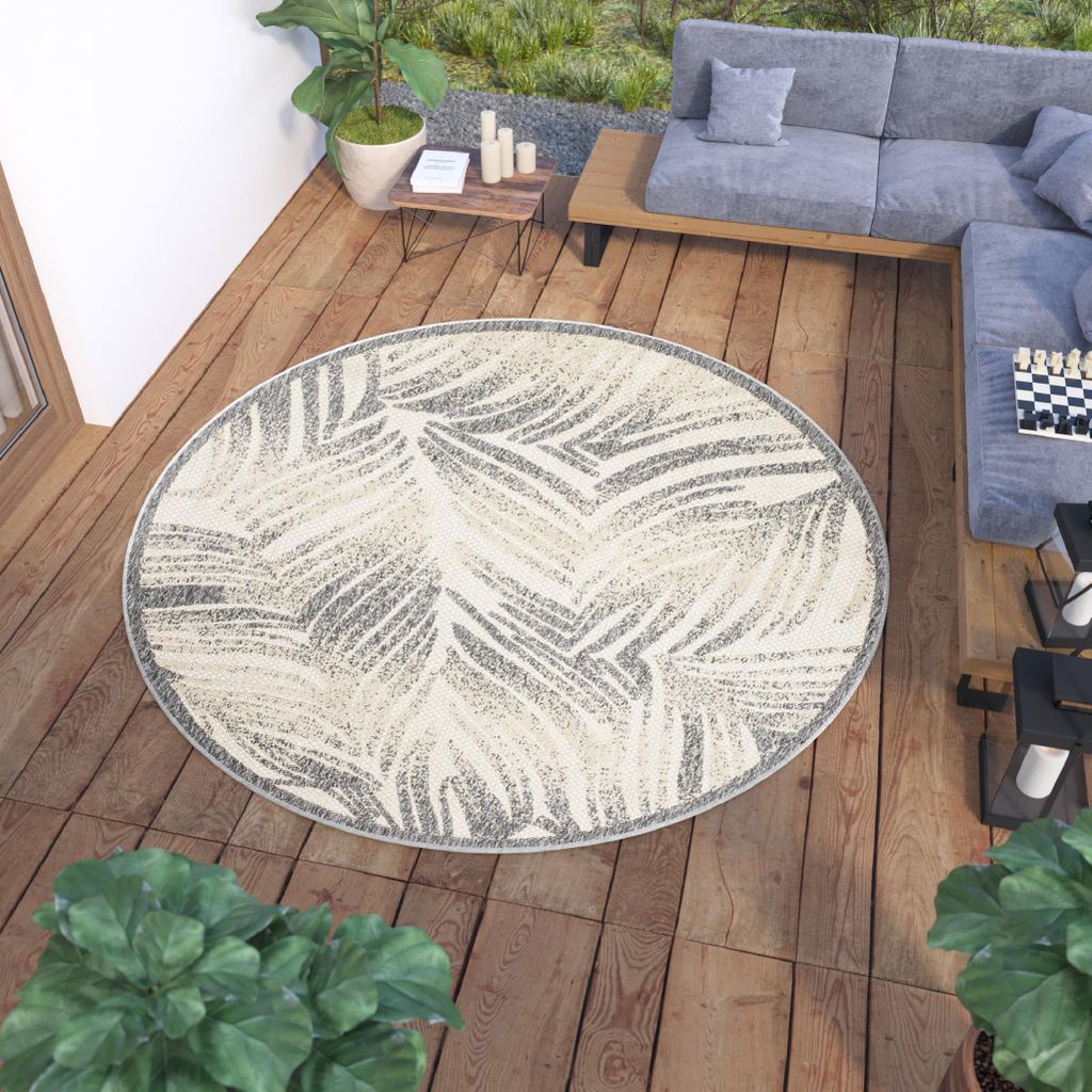 Teppich Rund Outdoor Indoor Wohnzimmer Schlafzimmer Modern Design Terrasse Balkon Creme Grau 160 x 160 cm