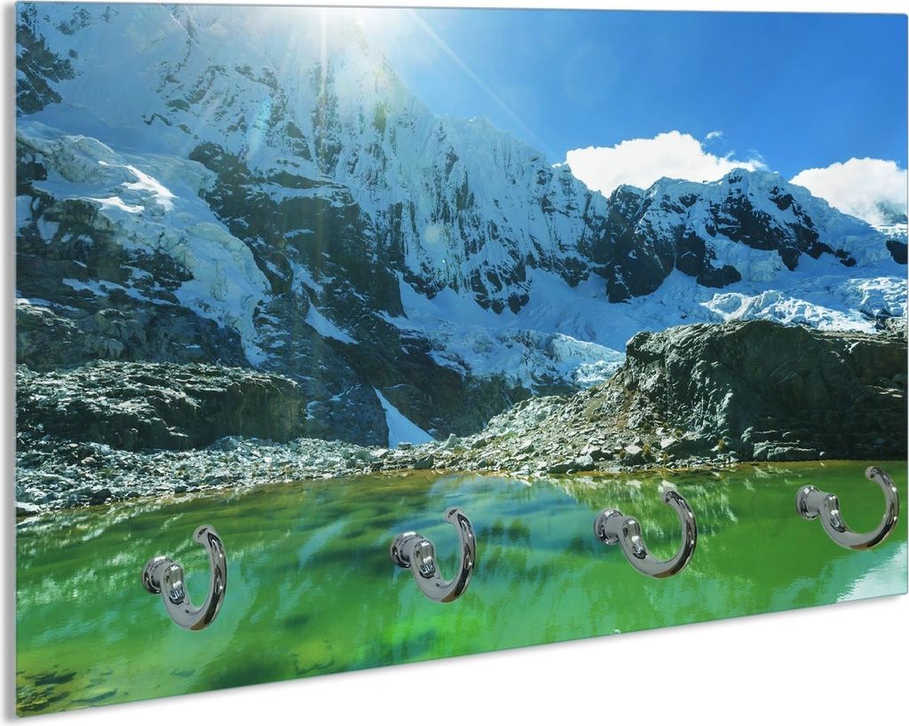 Wallario Handtuchhalter aus Glas, Motiv: Grüner See in den Anden mit Spiegelung im Wasser, 30 x 20 cm mit 4 Haken