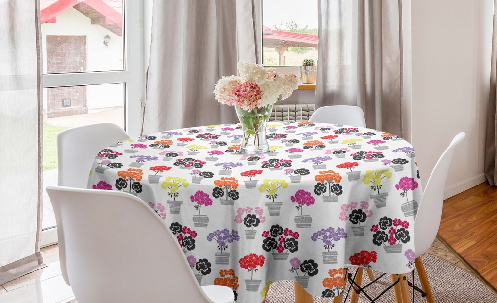 ABAKUHAUS Pelargonien Runde Tischdecke, Bunte Blumentöpfe Kunst, Kreis Tischdecke Abdeckung für Esszimmer Küche Dekoration, 150 cm, weiß Multic...