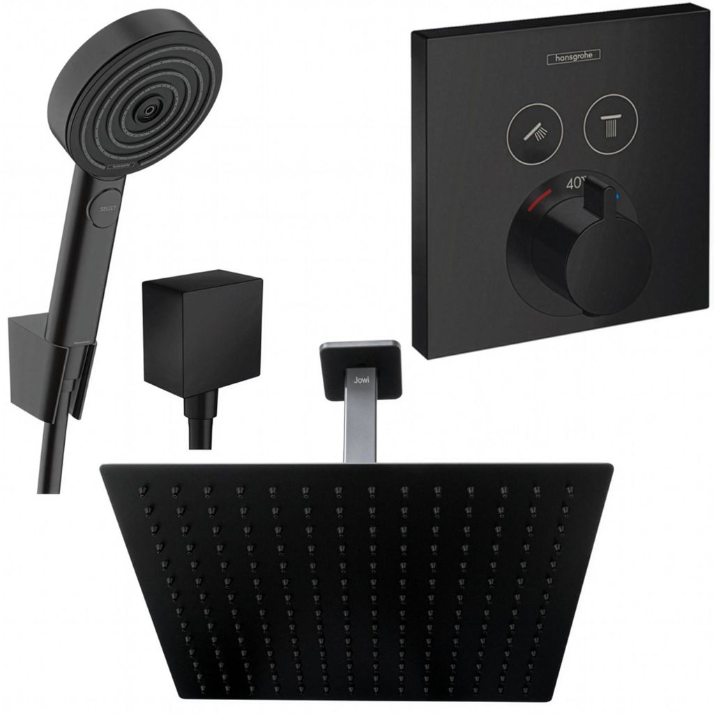 Hansgrohe und Jowi Unterputz Duschsystem ShowerSelect Thermostat, Schwarz, Duscharmatur mit Kopfbrause, Deckenanschluss, OHNE iBox