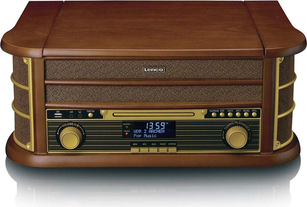Lenco Holz-Plattenspieler im Retro-Design mit Bluetooth , DAB+/FM-Radio, USB-Codierung, CD-Player, Kassettenspieler und eingebauten Lautsprechern