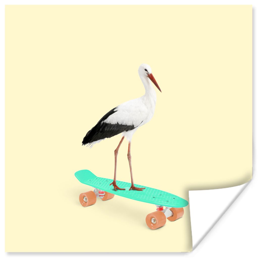 MuchoWow Poster Storch - Weiß - Tiere - Skateboard - Schwarz 30x30 cm - Wandposter - Printing