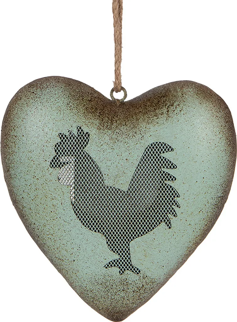 Pendentif Coeur Métal Vert 23cm Motif Coq Style Rustique Tradition