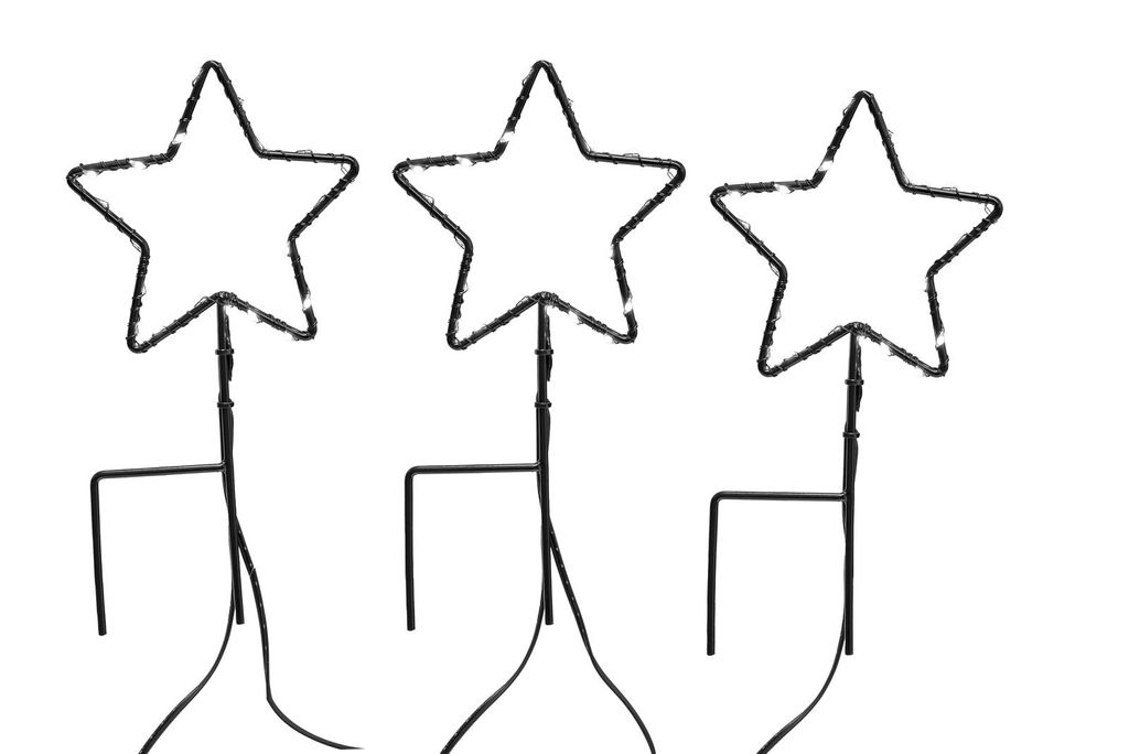 Three star-shaped lights with stakes and wires against a white background.