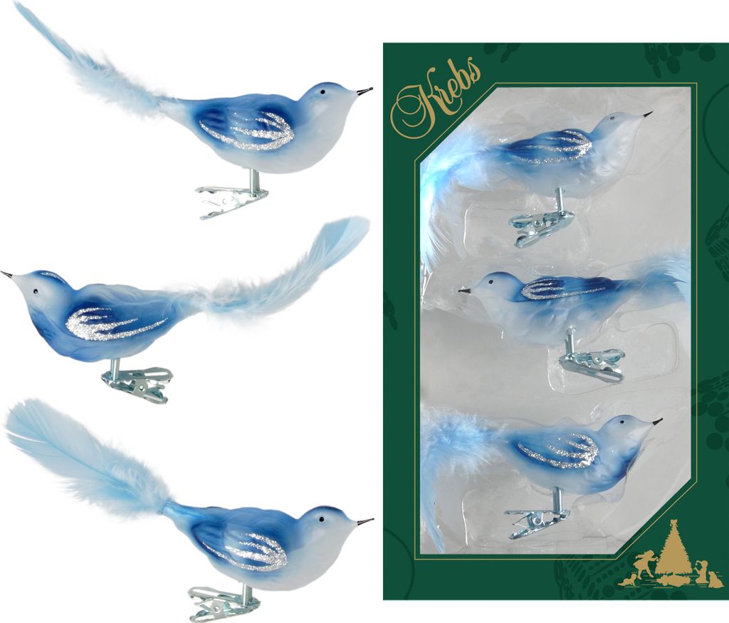 Krebs Glas Lauscha Weihnachtsbaumschmuck 3er Set - Vögel Blau auf Clip - aus Glas - ca. 11 cm