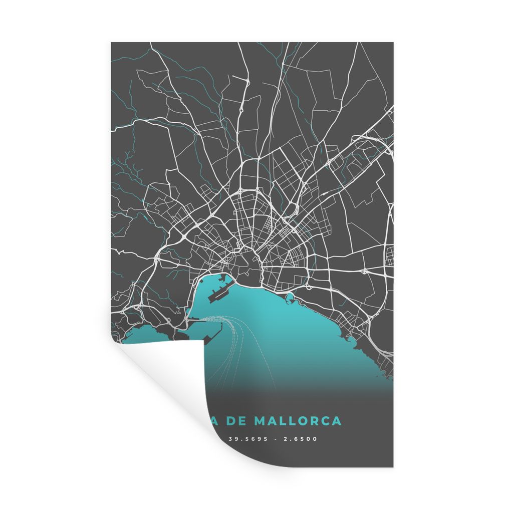 MuchoWow Wandtattoo Wandsticker Wandaufkleber Mallorca - Stadtplan - Karte - Blau 80x120 cm Selbstklebend und Repositionierbar - Repositionierbar...