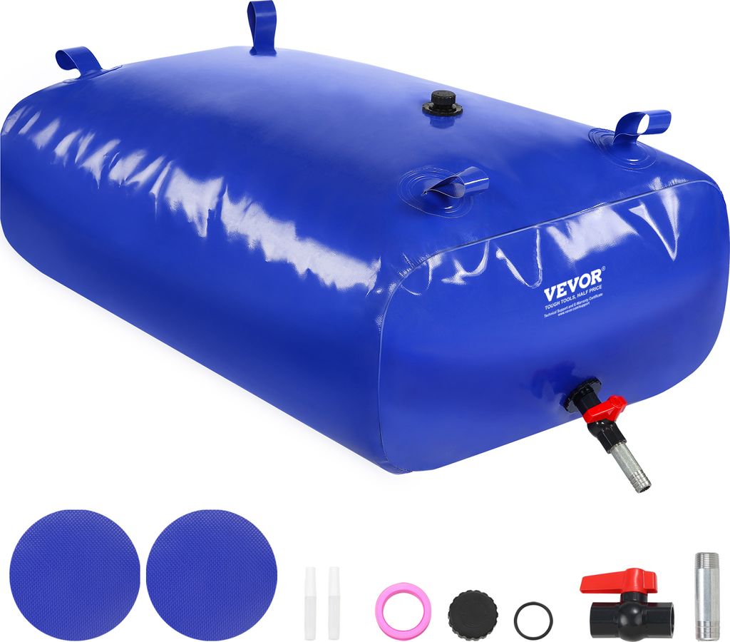 A blue collapsible water storage bladder with various accessories shown below.