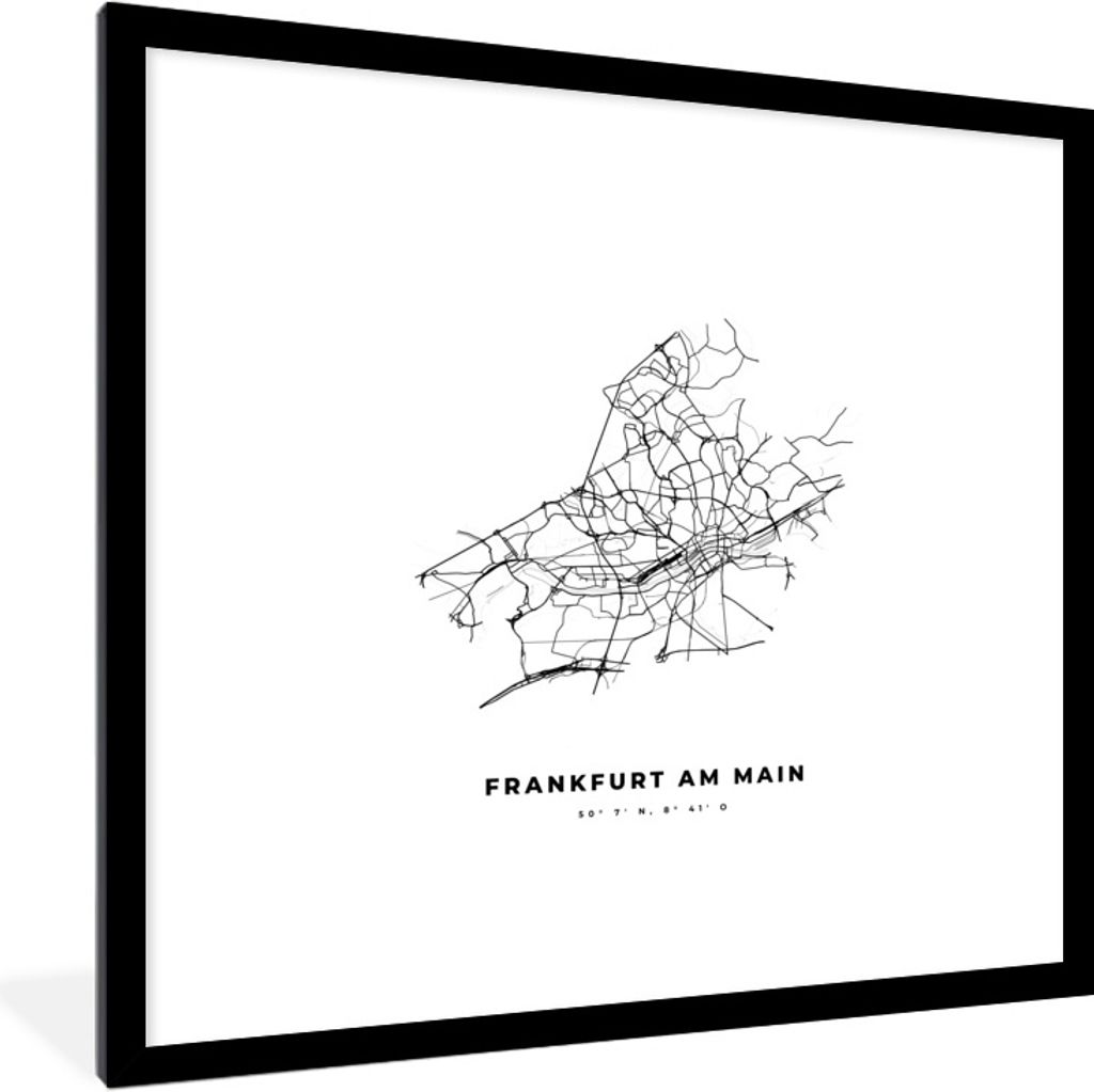 MuchoWow Gerahmtes Poster Stadtplan - Schwarz-weiß - Karte - Frankfurt am Main - Deutschland 40x40 cm - Poster mit Schwarzem Bilderrahmen Wandpo...