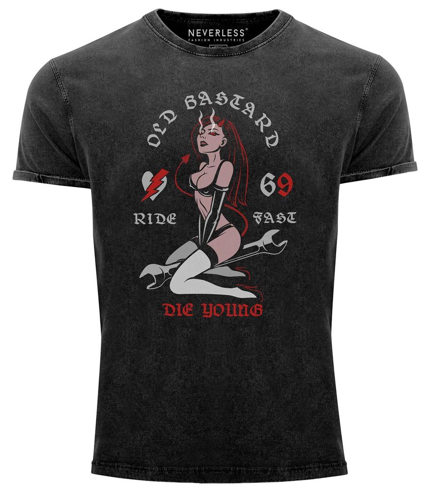 Neverless Herren T-Shirt Vintage Shirt Printshirt Pin up Girl Racing Design Ride Fast Die Young Schriftzug Used Look Slim Fit schwarz 3XL