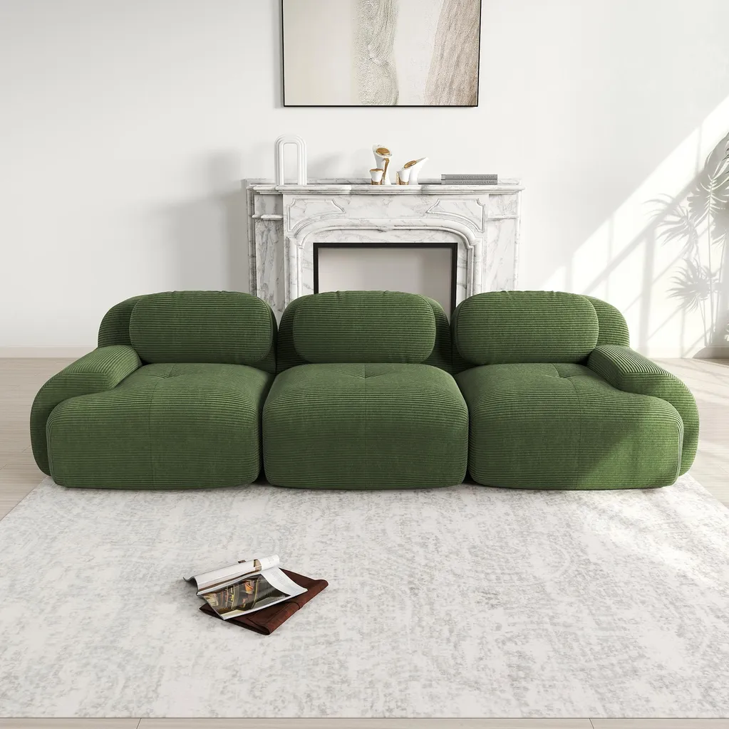 Canapé 3 places Sweiko en velours côtelé vert modulable et confortable