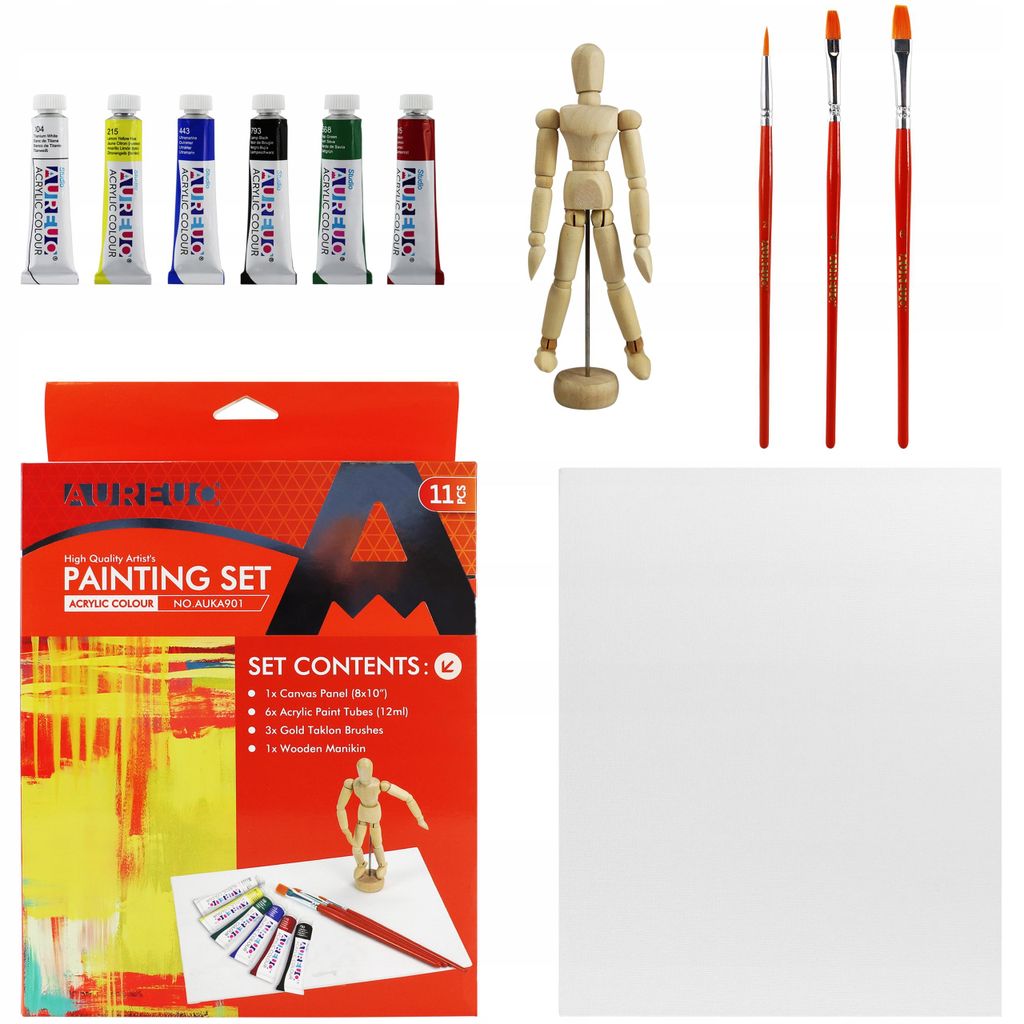 Kreatives, künstlerisches Set aus 11 Teilen: Farben, Pinsel, Tafel, Schaufensterpuppe