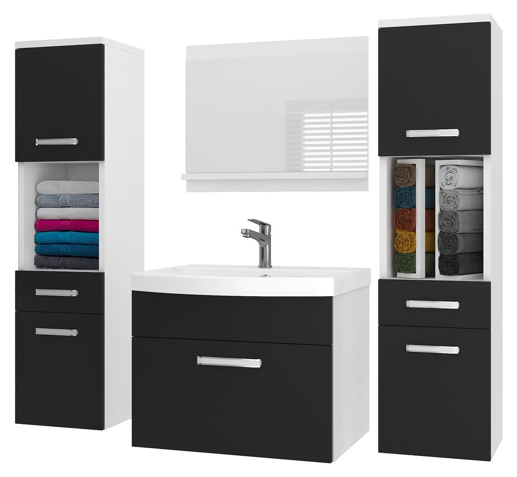 BELINI Badmöbel Set PRI M6 120 cm Schwarz Matt - Moderner Badschrank mit Waschbecken & Spiegel, Vollausstattung Wandmontage