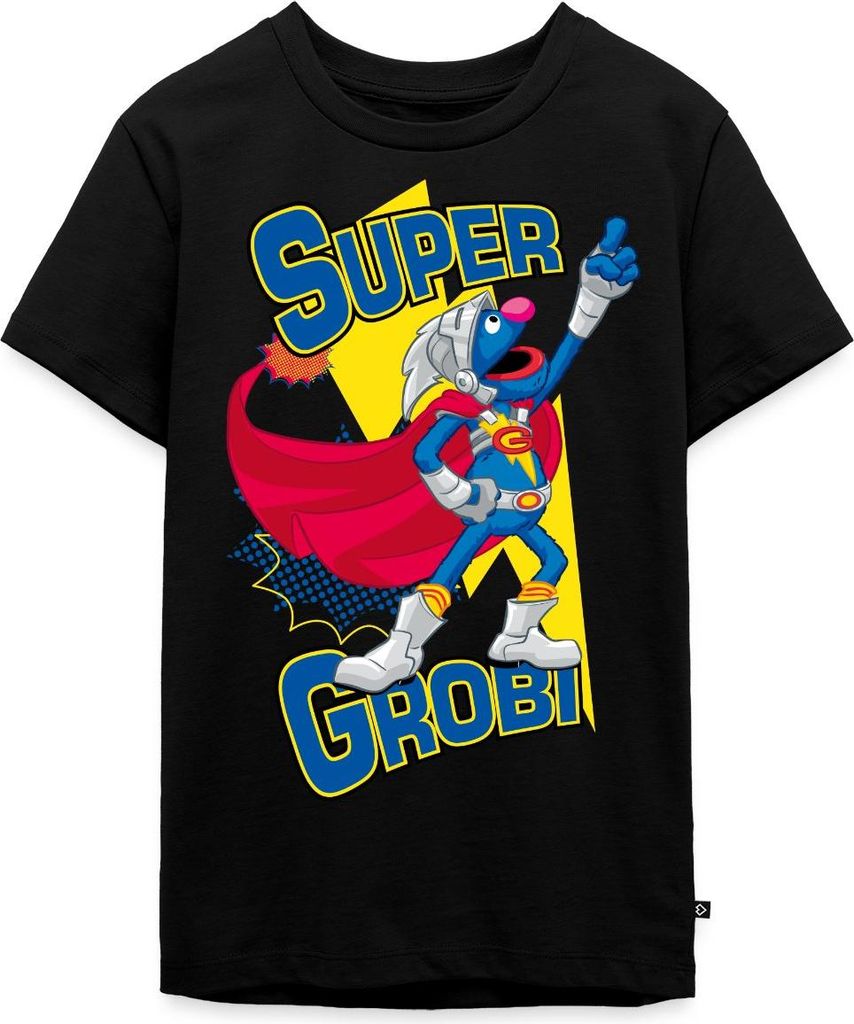 Spreadshirt Sesamstraße Grobi Supergrobi Superheld Teenager Premium T-Shirt, 146/152 (10 Jahre), Schwarz