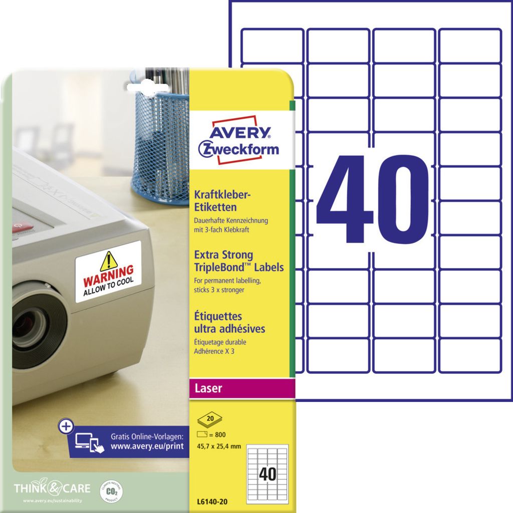 Avery Zweckform L6140-20 Kraftkleber-Etiketten, 45,7 x 25,4 mm, 20 Bogen/800 Etiketten, weiß