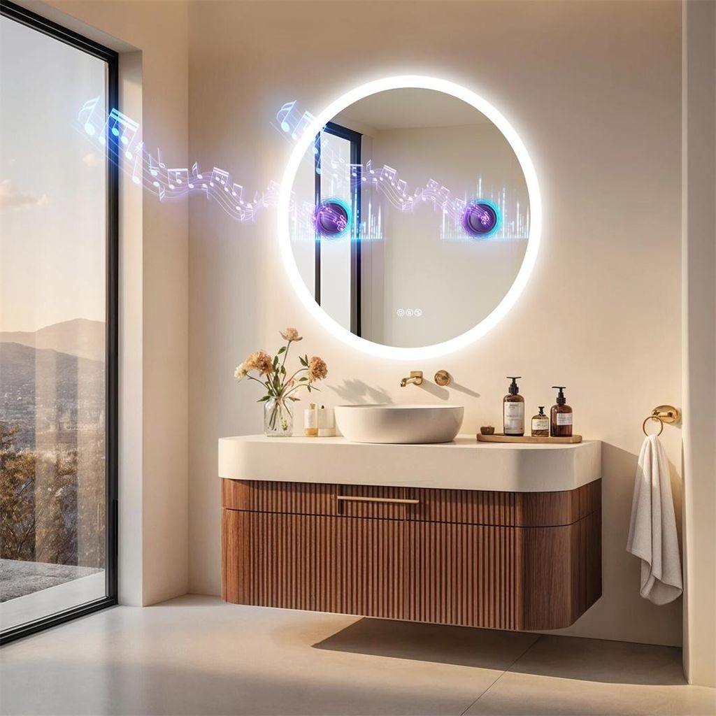 WISFOR LED Badspiegel mit Bluetooth Lautsprecher, 80×80cm Badezimmerspiegel mit Beleuchtung 3 Lichtfarbe, LED Wandspiegel dimmbar beschlagfrei, To...