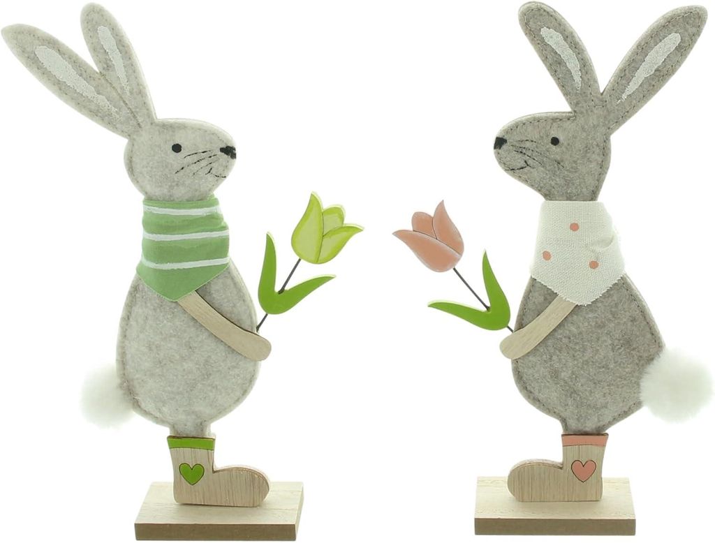 Hase "Blumenpaar" ,2er Set, Filz, Baumwolle, MDF, Kunstfell Maße: Höhe 24 cm