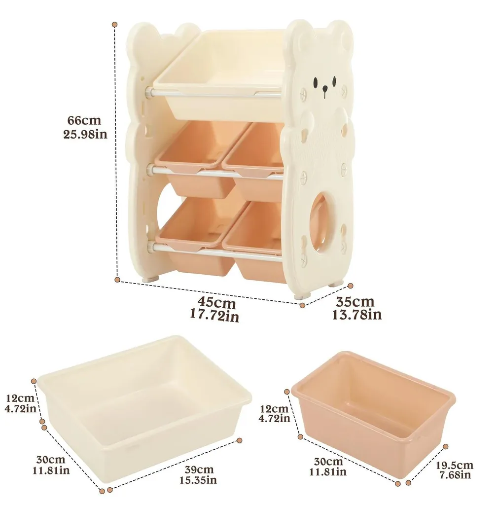 Bibliothèque enfant motif ours et bacs de rangement beige à 3 niveaux