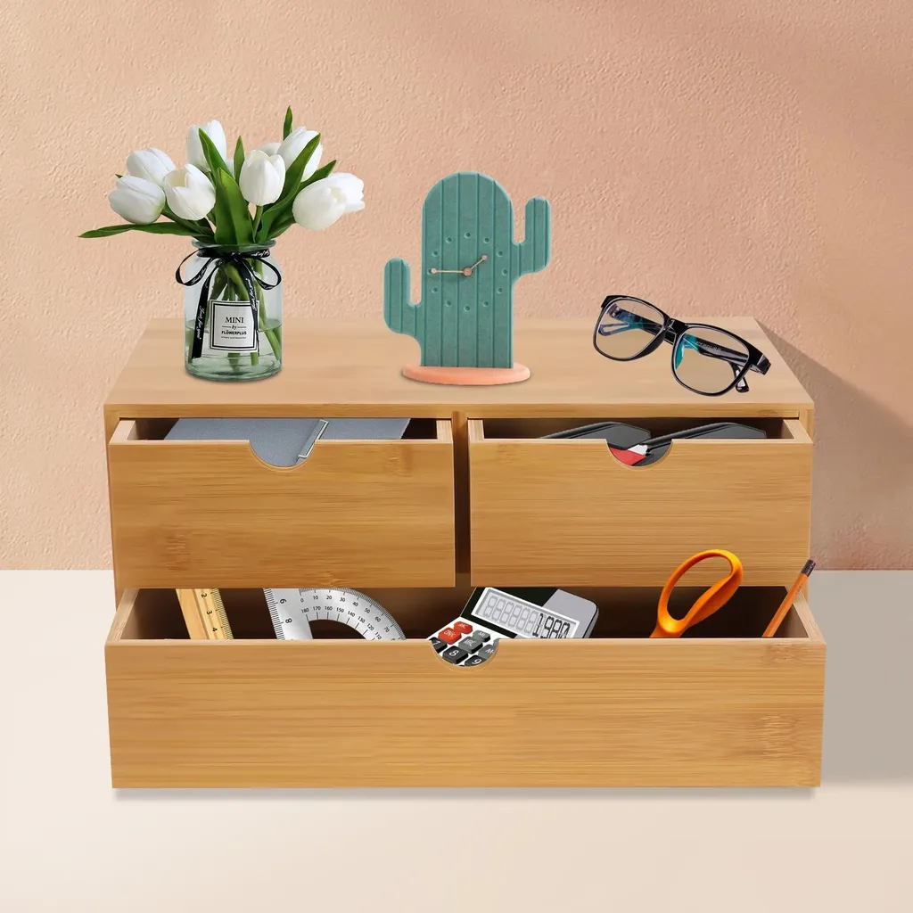 Organisateur de bureau en bambou - Petit meuble de rangement 3 tiroirs - 6