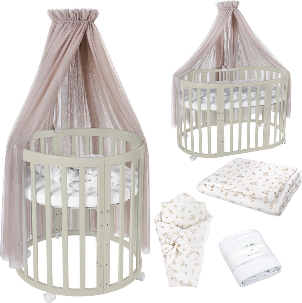 Mobiles Babybett OWAL aus Holz 7in1 mit Matratze, mitwachsend,Stoffe Taupe Zweige,Holz olive