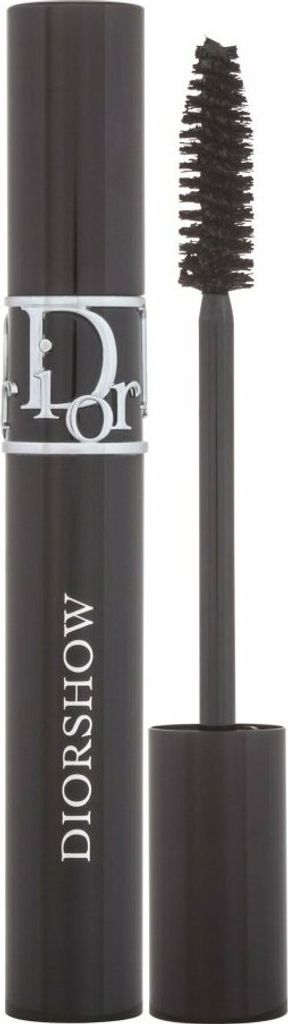A black mascara tube with the Dior logo and 'DIORSHOW' text, and its applicator brush extended.