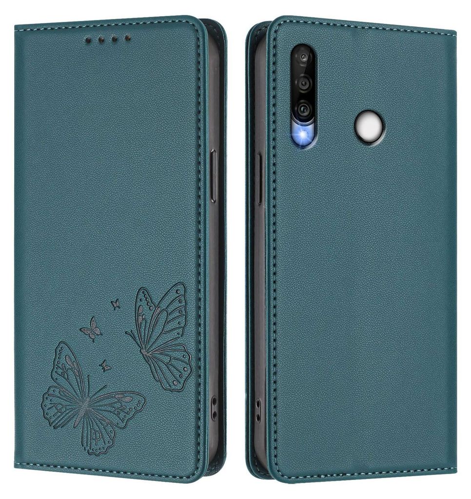 Lederhülle für Huawei P30 Lite, Schmetterling Prägung Leder Brieftasche Schutzhülle mit Ständer Grün