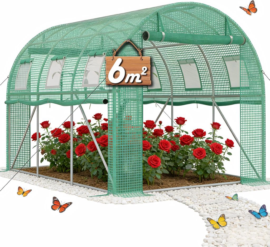 UISEBRT Gewächshaus Tunnel 300x200x200 cm aus Stahl mit PE-Netz 140g, Belüftungsfenster & Reißverschlusstüren, Gartentunnel Tomatenhaus Insekte...