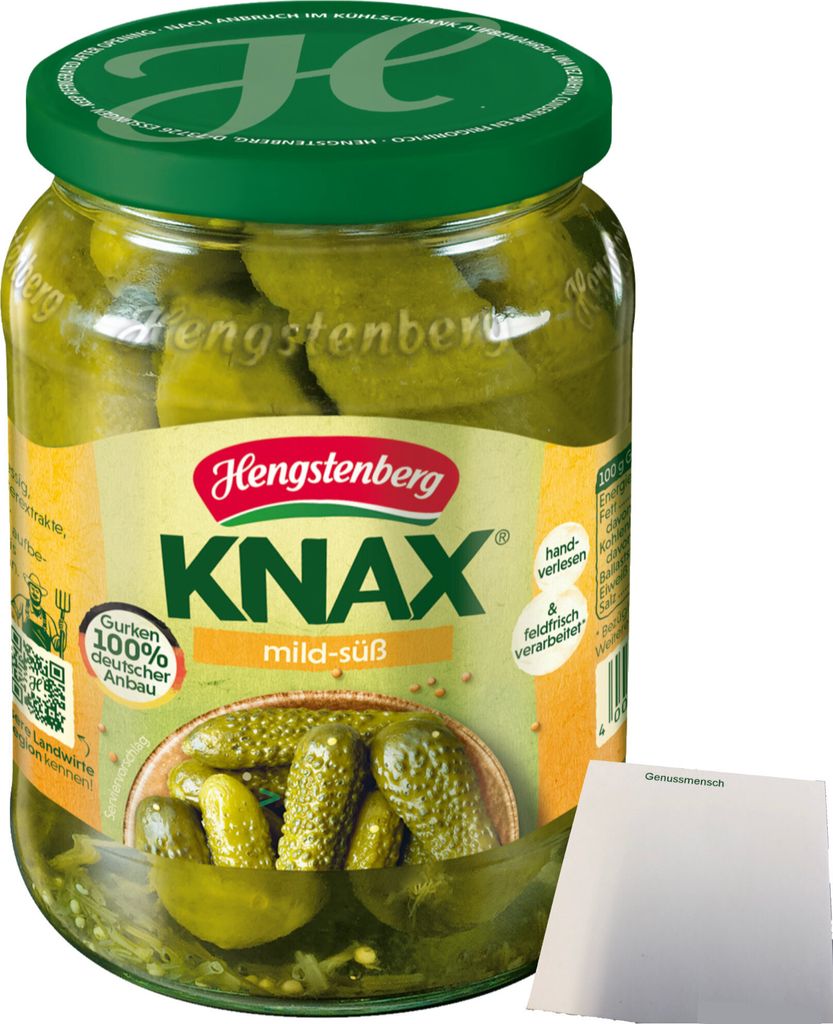 Hengstenberg Knax Gewürzgurken mild-süß (360g ATG Glas) + usy Block
