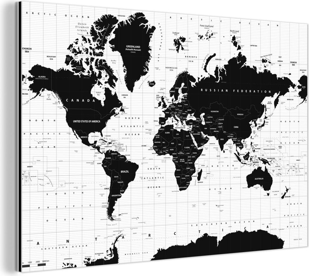 MuchoWow Wanddekoration Metall Metallbild Wandkunst 120x80 cm Weltkarte - Schwarz - Weiß - Atlas - Erde - Bildung MuchoWow Aluminium Gemälde - Al...