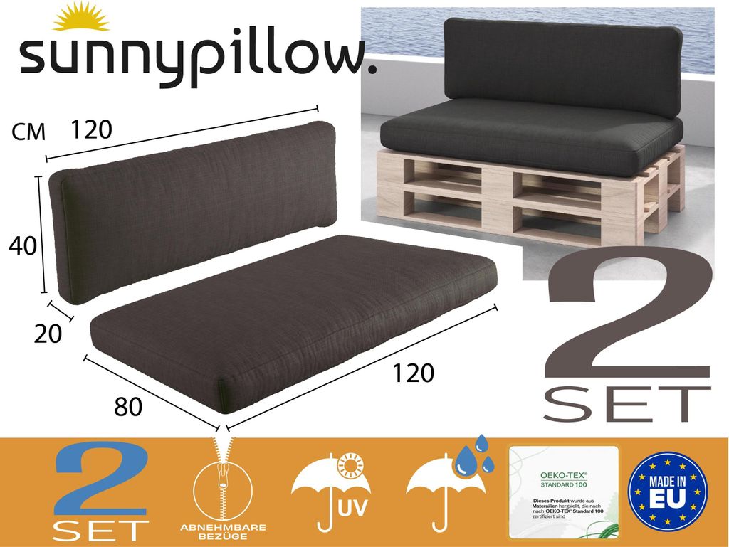 sunnypillow Palettenkissen Outdoor, wasserdicht, UV-lichtecht - 2er Set - Palettenauflage für Palettensofa für Haus, Garten - Palettenpolster fü...