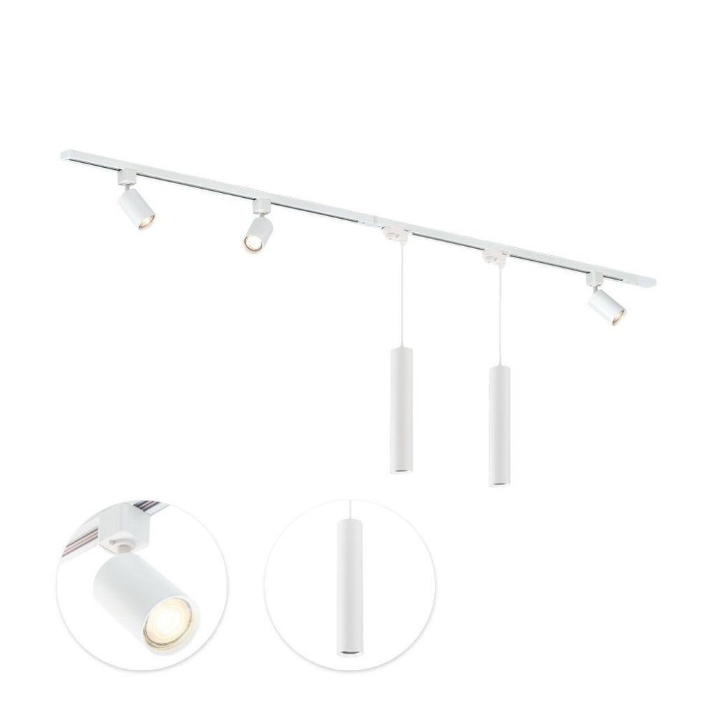 Qub Focus III - LED Schienensystem Komplettset - Weiß - 1-Phasen - 200cm - 3x Spots & 2x Pendelleuchten - I-Form