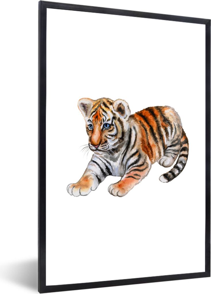 MuchoWow MuchoWow Gerahmtes Poster Tiger - Klein - Weiß 60x90 cm - Poster mit zchwarzem Bilderrahmen - Kunst