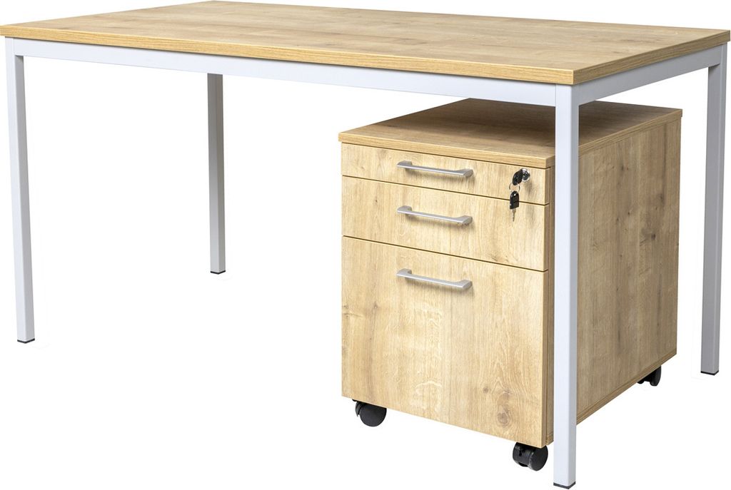 Schreibtisch und Holz Rollcontainer, 3 Schübe, Saphir Eiche, 200X80X75 cm