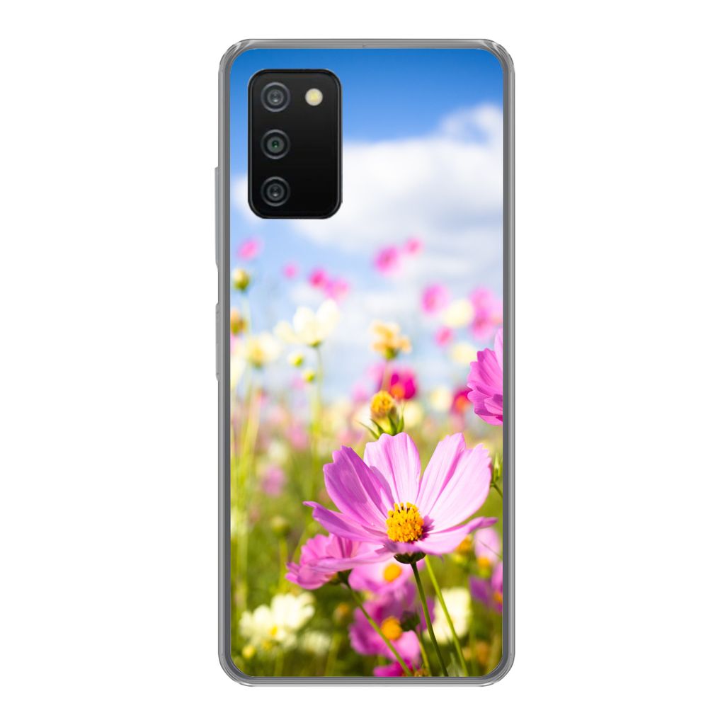 MuchoWow Handyhülle Schutzhülle Hülle für Samsung Galaxy A03s Blumen - Wiese - Lila - Gras - Weiß - Wolken - Blau Silikon Softcase Handy Hü...