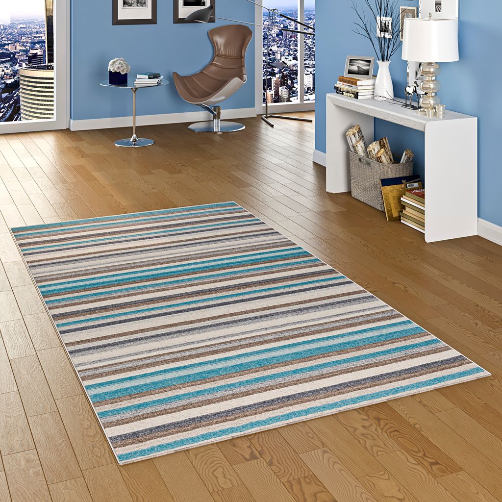 Natur Teppich Kelim Capri Petrol Streifen, Größe:90x160 cm Produktbild 