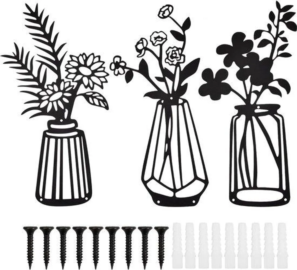 Déco murale métal fleurs noires 35 cm set de 3 pour mur vide chic