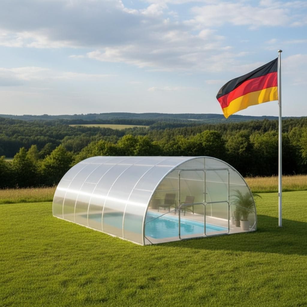 A covered swimming pool in a grassy field with a German flag flying nearby.