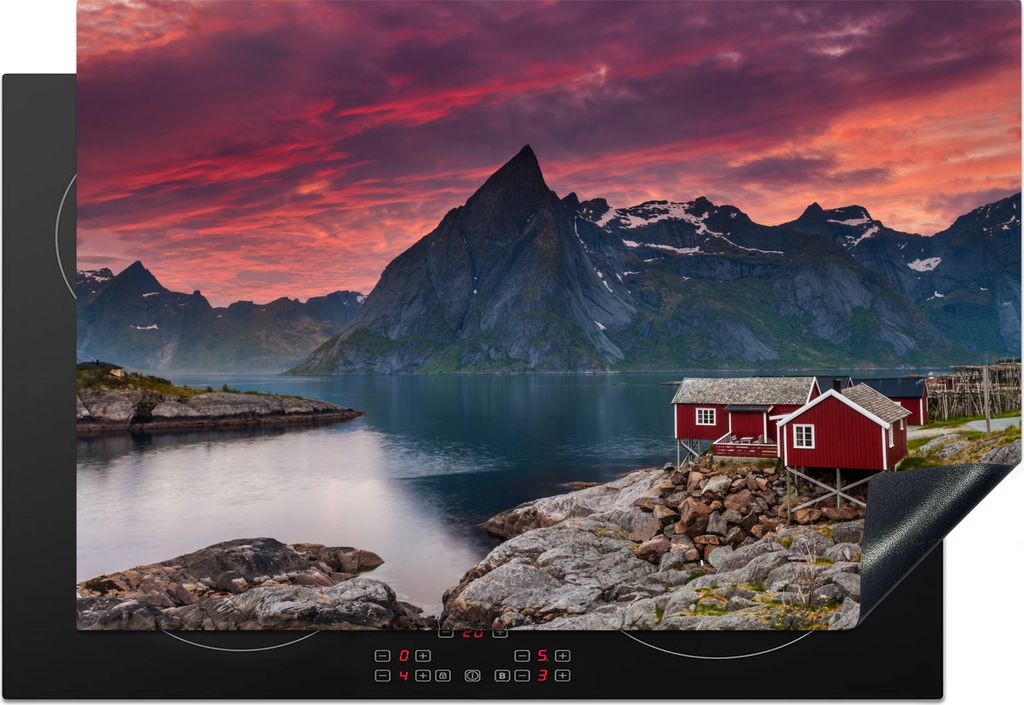 KitchenYeah Herdabdeckplatte Rosa Sonnenaufgang auf den Lofoten , 77x51cm, Küche Deko, Glaskeramikkochfeld Herdabdeckung, Abdeckplatte fùr Koch...