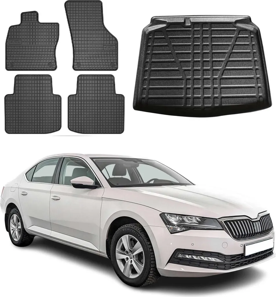 ELMASLINE Tappetini In Gomma 3D E Vasca Bagagliaio Per Skoda Superb 4 (dal 2024) – Bordo Alto 5cm, TPE Antiscivolo, Inodore