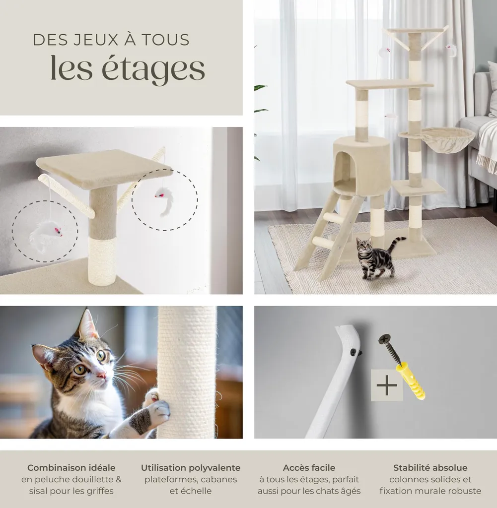Arbre à chat DOMINIQUE 142 cm beige - Structure stable multi-niveaux - 5