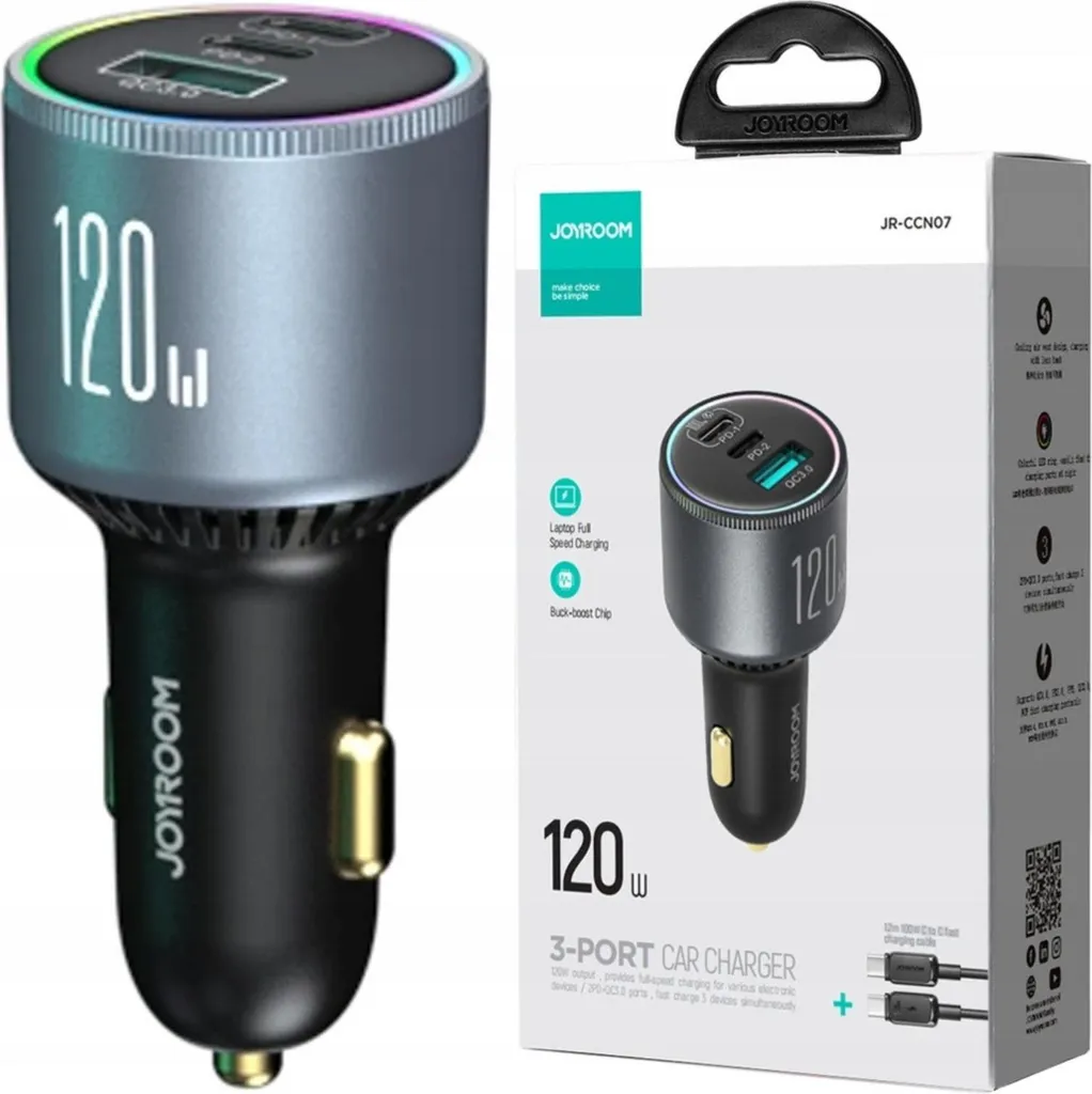 Caricatore Auto Ultra Rapido Joyroom 120W 3 Porte | Offerta Grigio