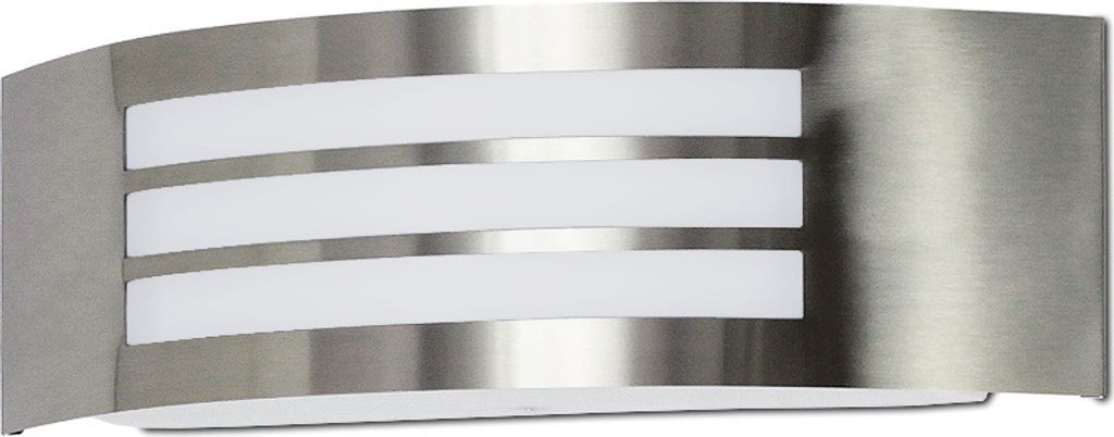 A modern outdoor wall light with a brushed metal finish and three illuminated strips.