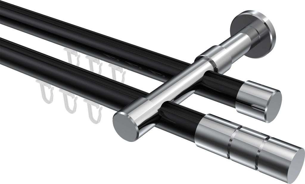 Interdeco Innenlaufstange / Gardinenstange mit Innenlauf Schwarz / Chrom, Typ Prestige Elanto (Rillenzylinder), 20 mm Ø 2-läufig, 200 cm