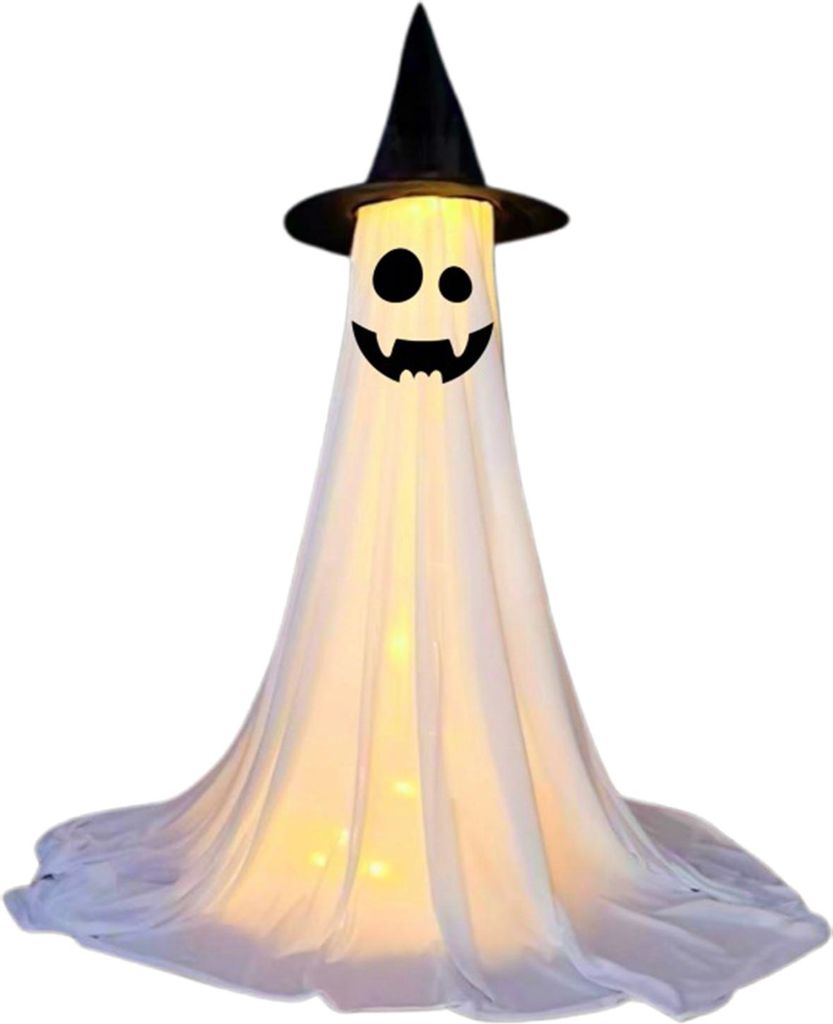 Halloween-Geisterdekoration, stehender Geist im Freien mit Hexenhut, leuchtender gruseliger Geist aus weißem Stoff für die Dekoration von Veranda...