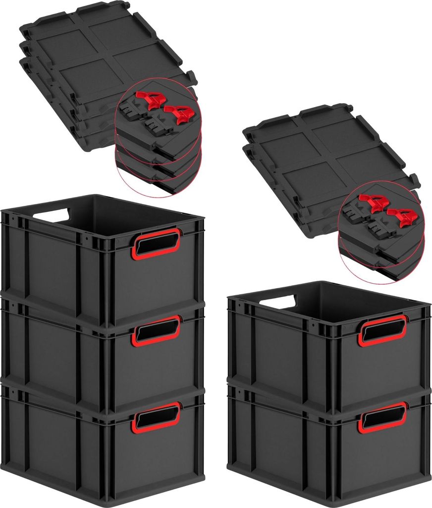 SuperSparSet 5x Eurobox NextGen Color mit Scharnierdeckel und Schiebeschnappverschlüssen | HxBxT 22x30x40cm | 20 Liter | Schwarz | Griffe rot offe...