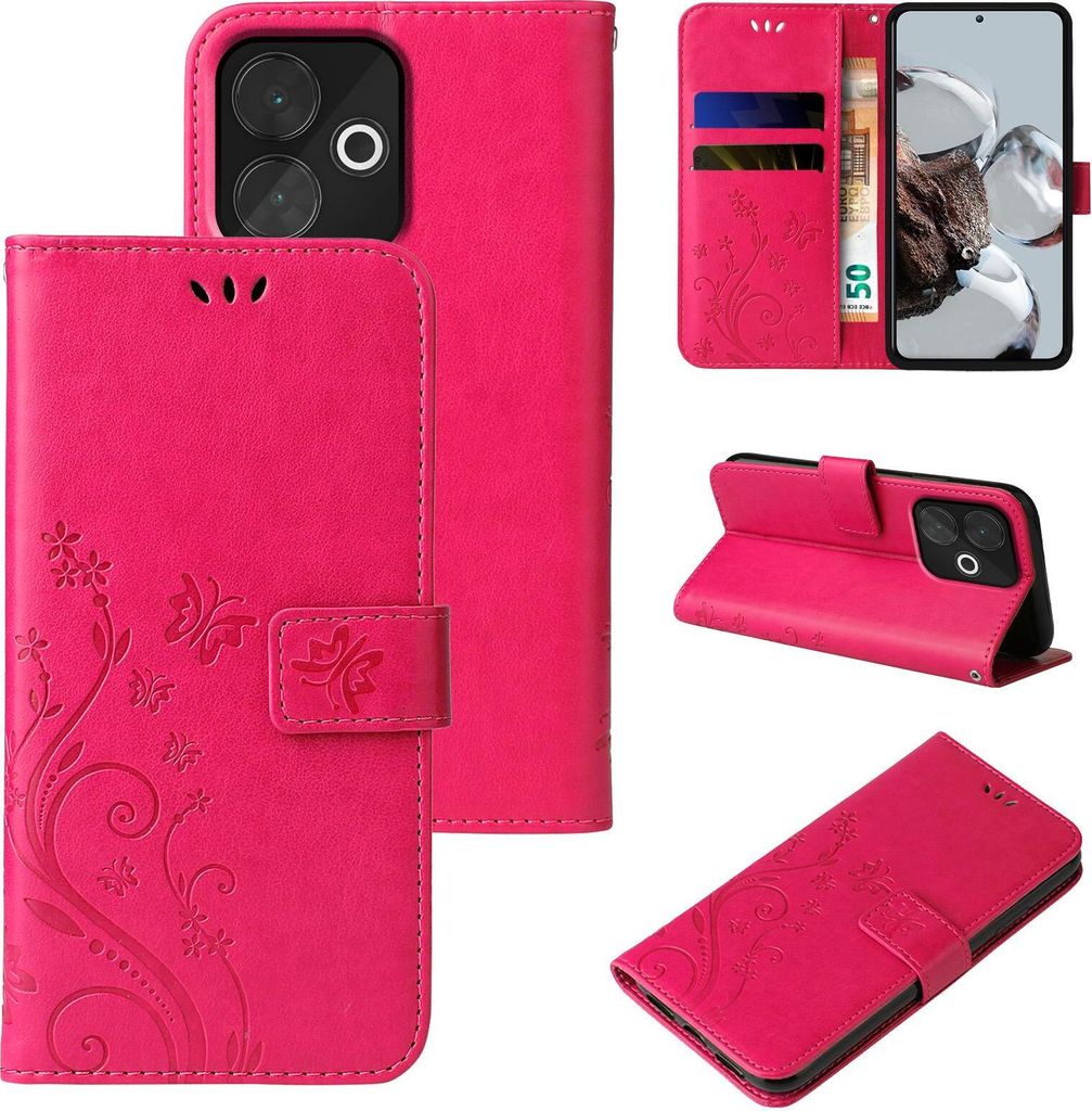 Collage of images showing a pink floral and butterfly patterned flip phone case for a Xiaomi Redmi 13.